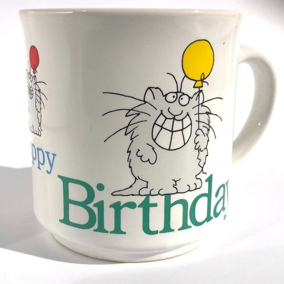 Sandra Boynton Coffee Mug Cup Happy Birthday cat balloons white ceramic vintage - Picture 1 of 16
